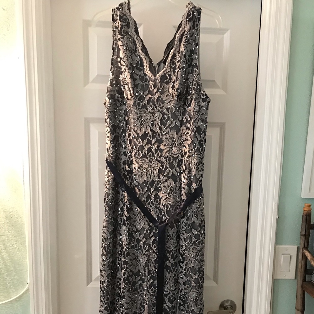 Gown to floor. Silver shimmer.